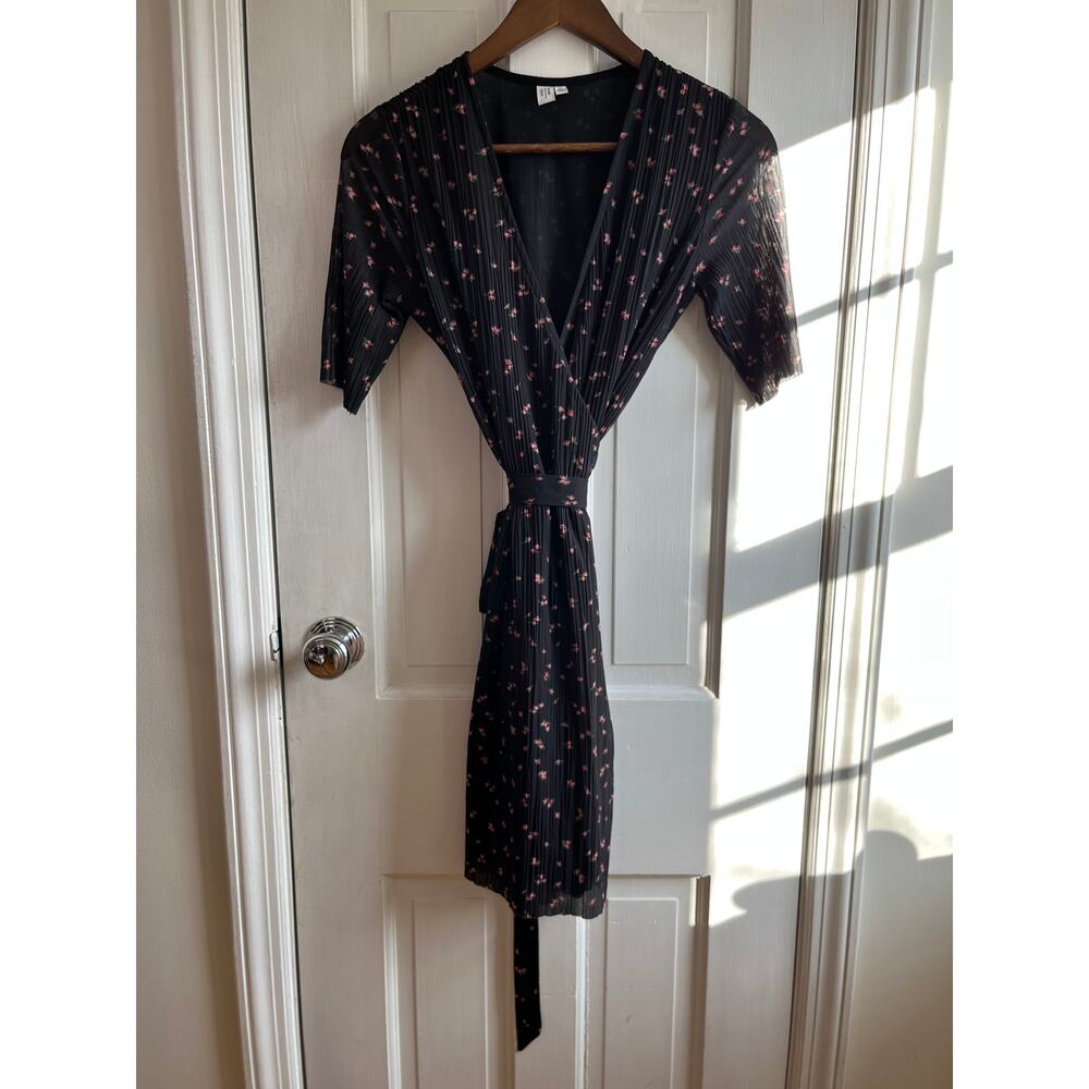 & Other Stories Pleated Mesh Wrap Mini Dress Rose Floral Black Pink US 2 Small